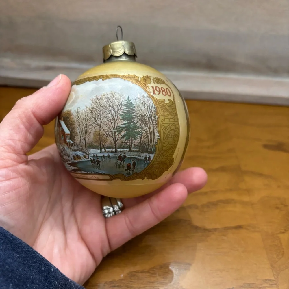 Vintage Hallmark Ornament for Grandparents Gold Glass Ice‎ Skaters Keepsake 1980